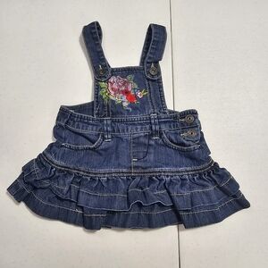 Guess Dark Blue Denim Ruffle Skirt Overalls with Floral Patch 18M